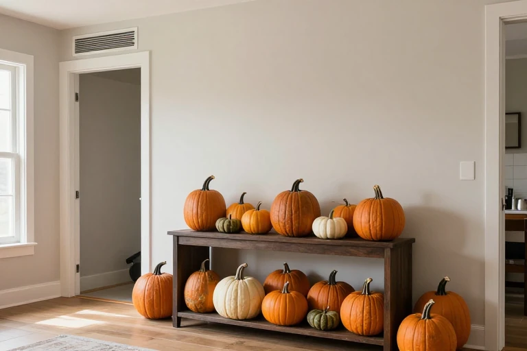 Homeowner removing excess fall decor from a crowded console