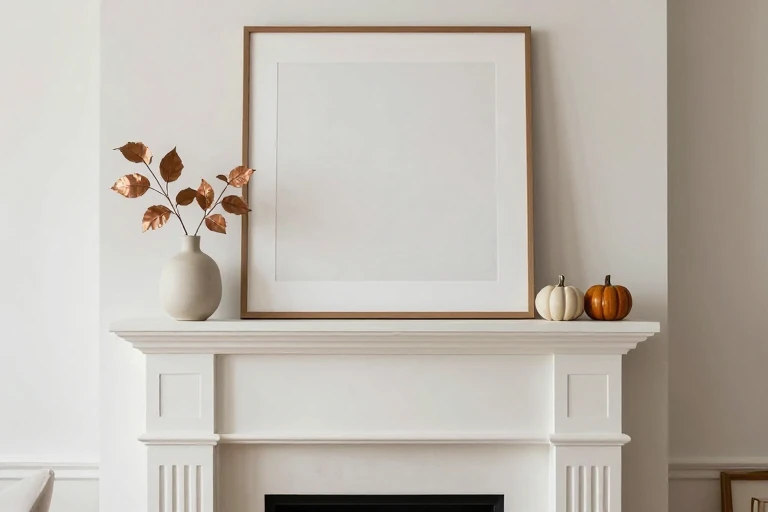 Asymmetrical fall mantel with artwork and copper leaves