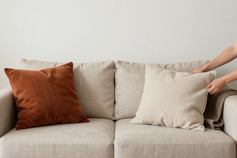 Sofa layered with practical fall pillows and a warm throw