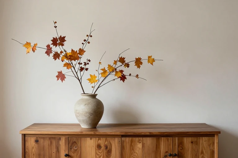 Balanced autumn branch arrangement on a dining sideboard