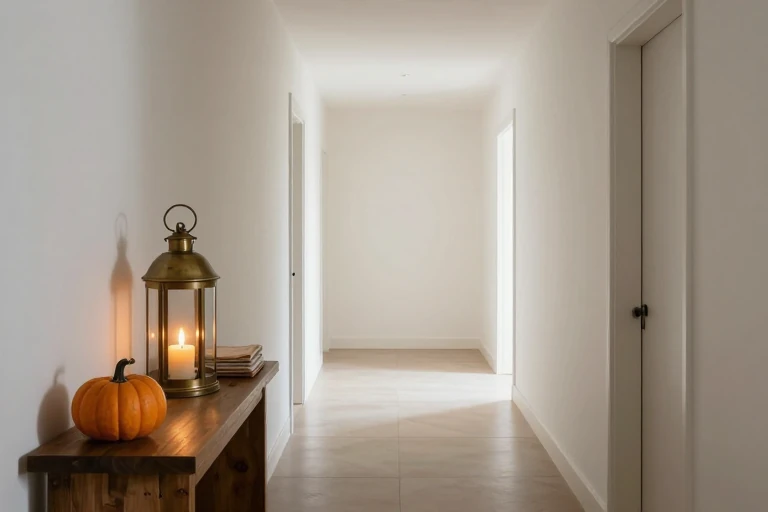 Brass fall lantern with a flameless candle on a console