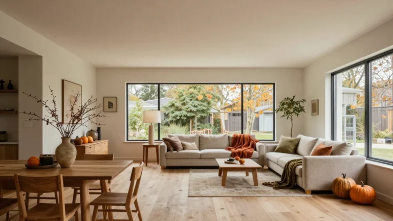 Warm open-plan home with layered textiles and natural fall accents