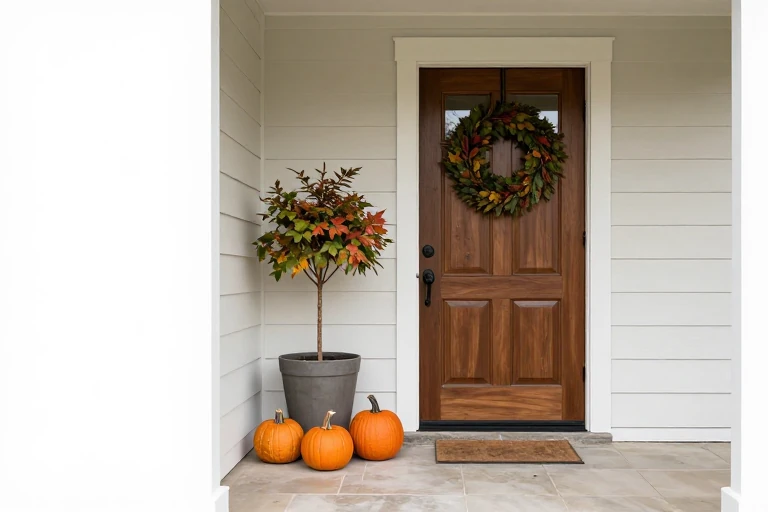 Layered fall display arranged beside a clear front entry