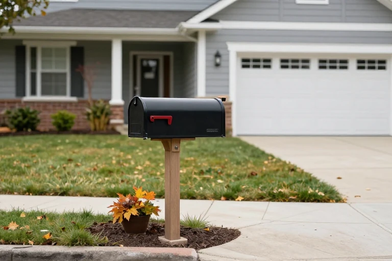 Low fall planter placed beneath an accessible mailbox