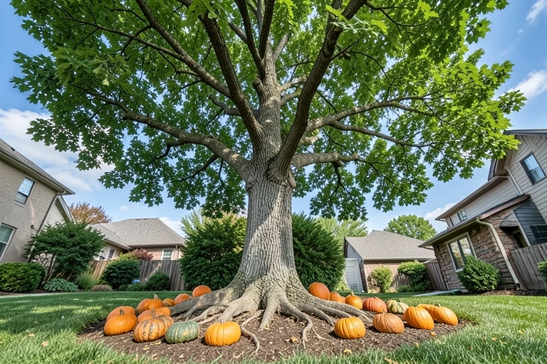 Pumpkins arranged beyond the exposed roots of a tree