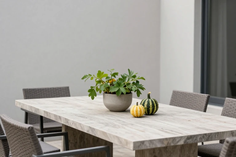 Low harvest centerpiece on a usable patio table