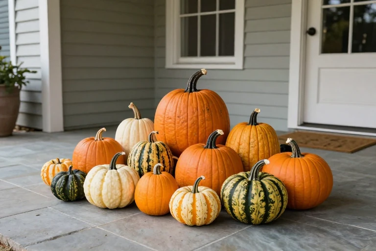 Mixed pumpkins grouped in a stable layered arrangement