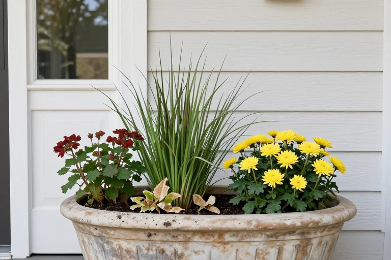 Summer planter being refreshed with autumn plants