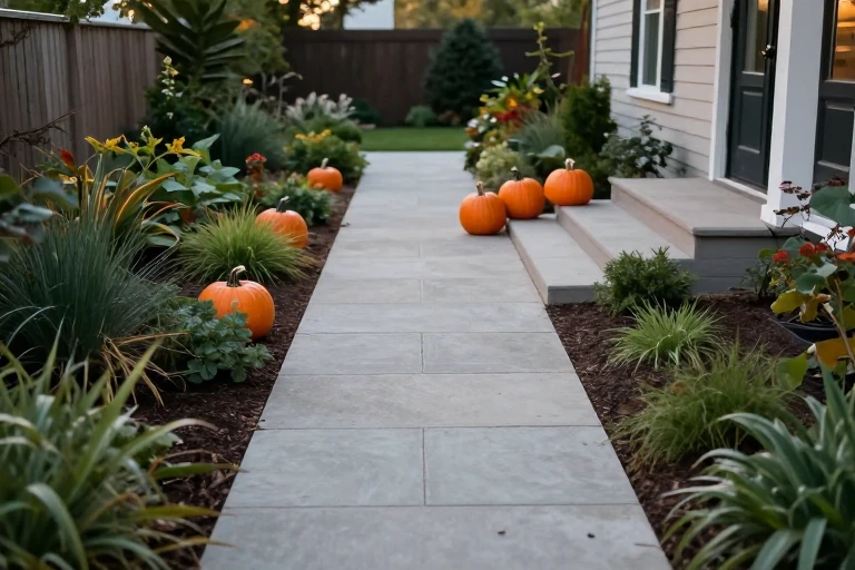Pumpkins positioned beside a clear autumn walkway