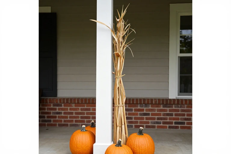 Cornstalk bundle secured beside an autumn porch