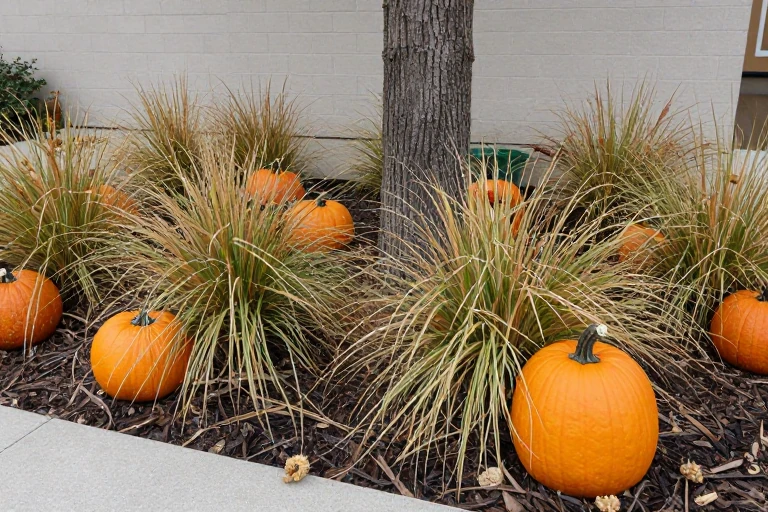 Pumpkins integrated carefully into an existing garden bed