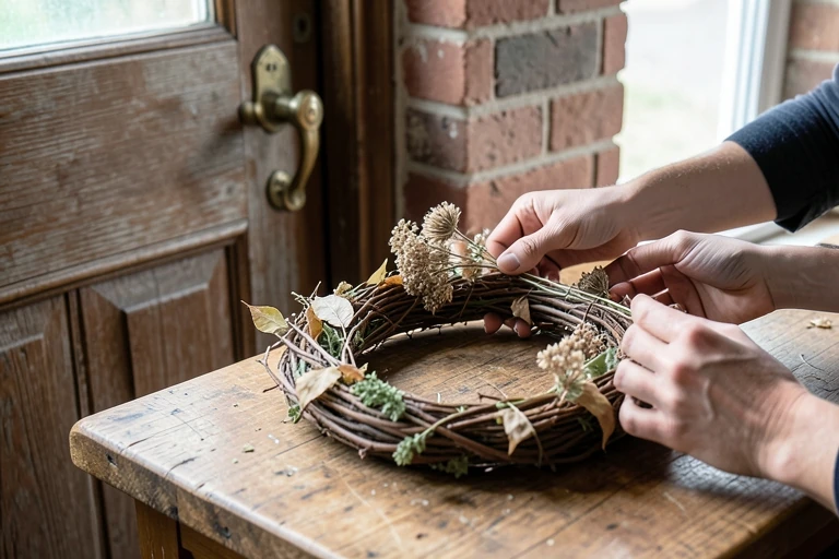 Natural fall materials attached to a grapevine wreath