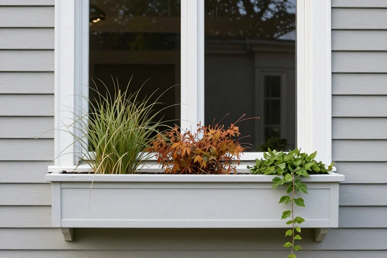 Window box replanted with structured autumn foliage