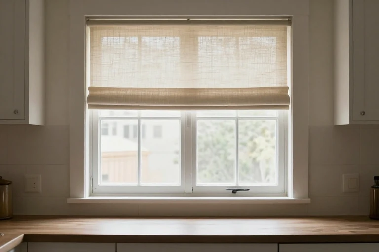 Washable kitchen window shade being checked for handle clearance