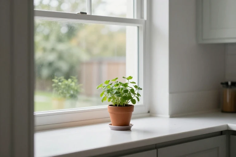 Potted herb being placed on a protected kitchen windowsill