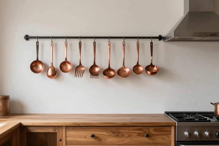 Frequently used cookware being arranged on a kitchen wall rail