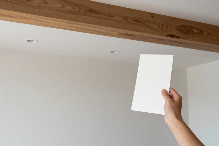 Ceiling paint sample being evaluated beside a kitchen beam