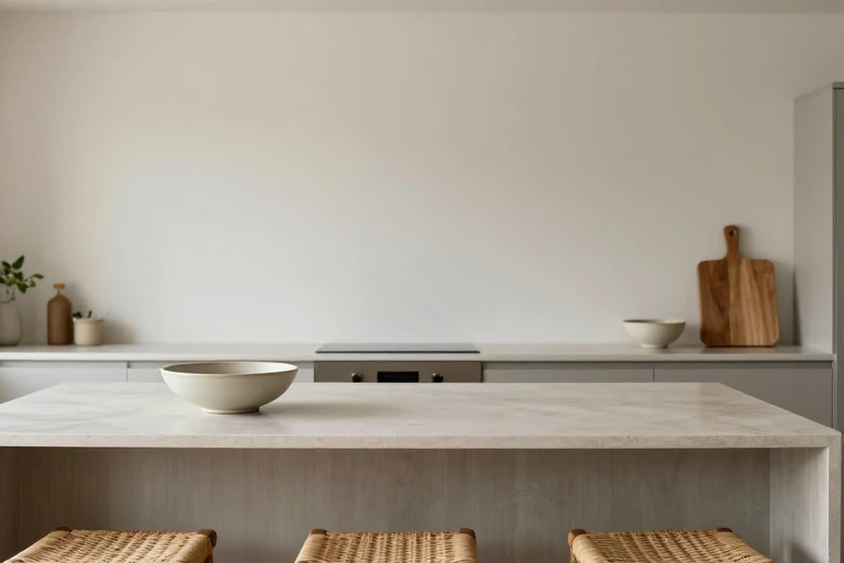 Matte ceramic, woven seating, and wood textures coordinated in a kitchen
