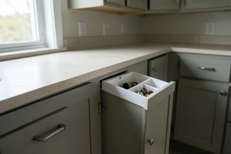 Original rental kitchen hardware being stored during a reversible update