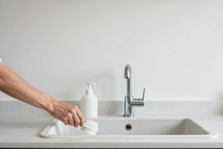 Sink essentials being organized on a drainable kitchen caddy
