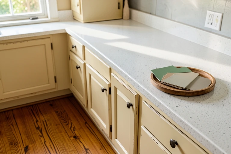 Color and material samples being compared with existing kitchen finishes