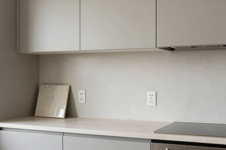 Ceramic backsplash tile being tested behind a kitchen range
