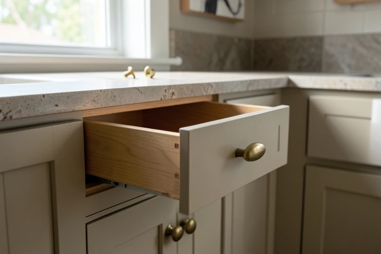 Rounded cabinet pull being tested on a kitchen drawer