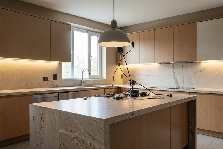 Pendant and undercabinet lighting being coordinated in a kitchen