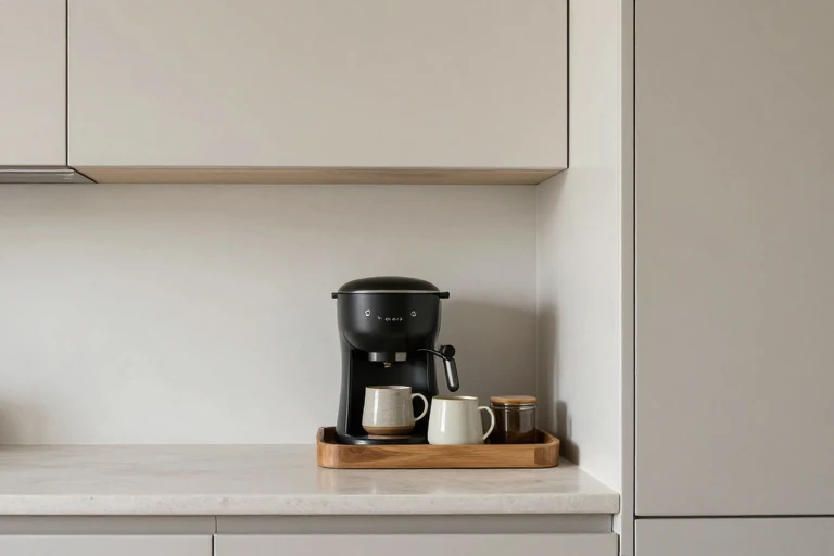 A compact coffee station contained on a kitchen counter tray