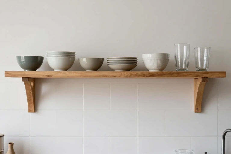 Everyday dishes being arranged on an open kitchen shelf