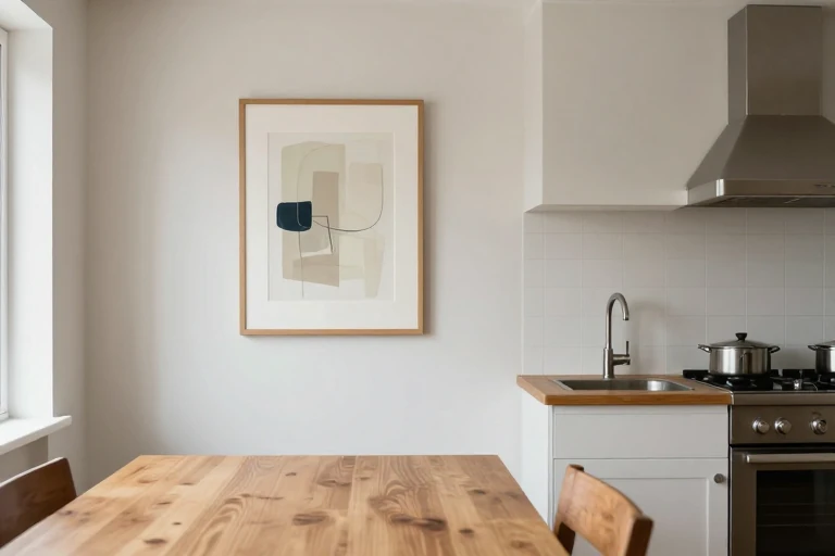 Framed artwork being positioned on a kitchen breakfast nook wall