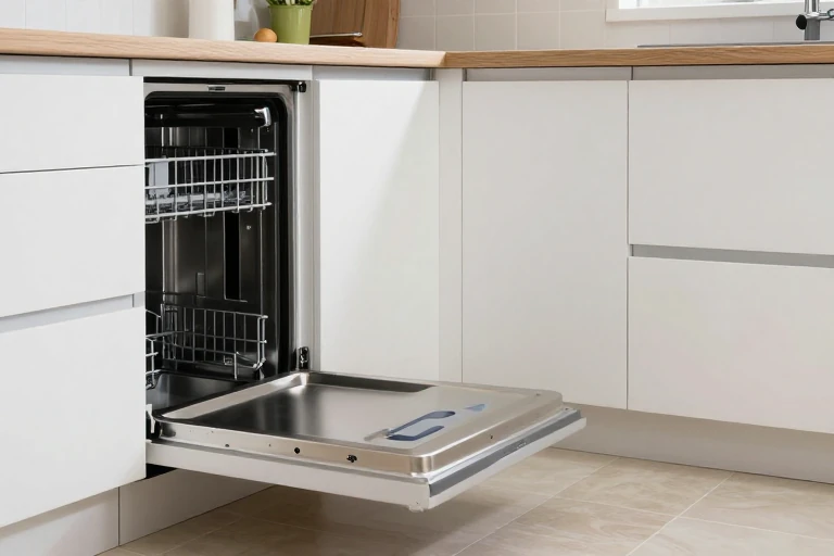 Kitchen runner placement being tested around an open dishwasher