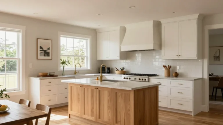 Wide view of a warm, practical kitchen with coordinated decor and clear counters