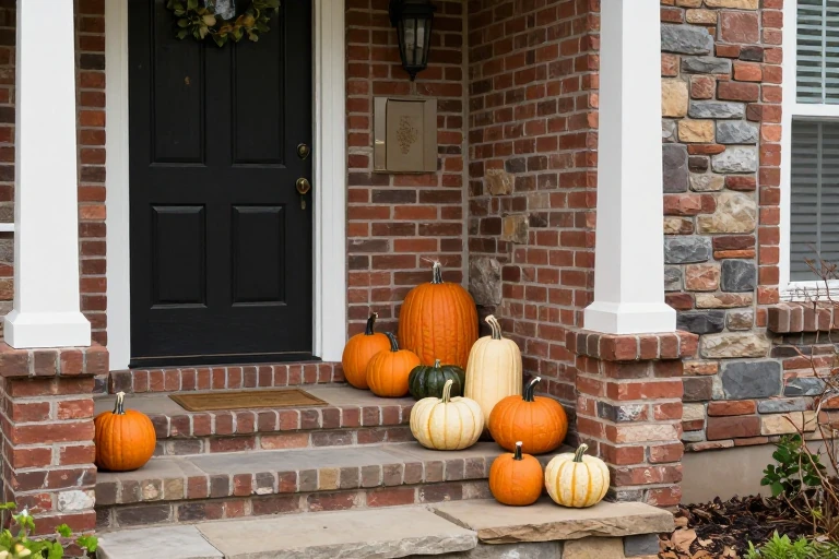 Layered pumpkins arranged beside a clear front stoop