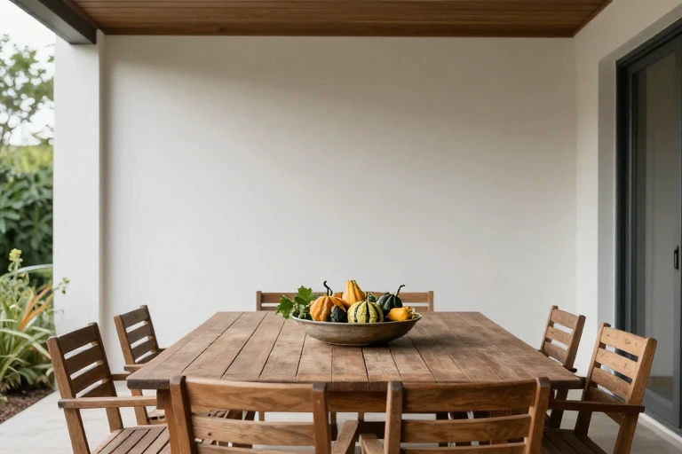 Low autumn centerpiece on an outdoor dining table