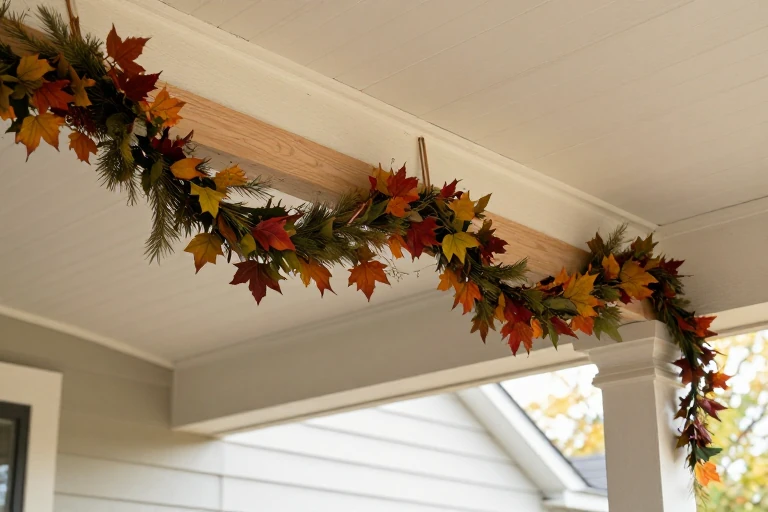 Autumn garland attached beneath a covered porch beam
