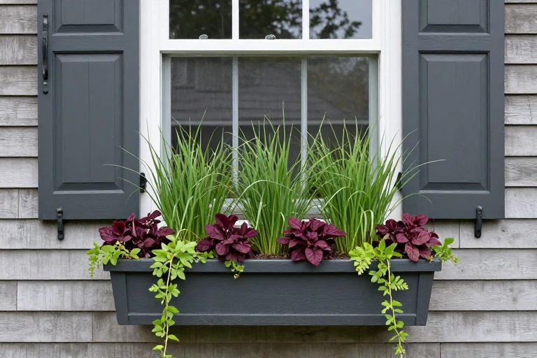Layered autumn planting in an exterior window box