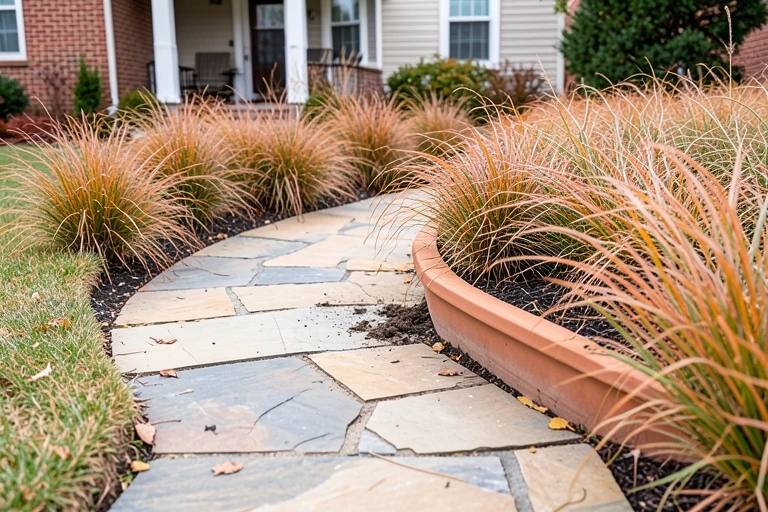 Repeated fall planters guiding the eye along a garden path