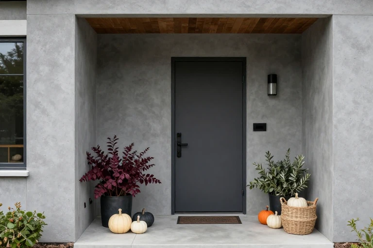Neutral outdoor fall decor using burgundy and cream