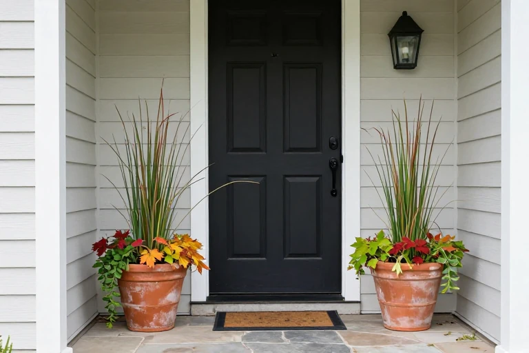 Balanced fall planters framing a front door