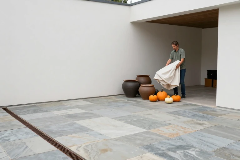 Weather-ready fall patio display with heavy low decorations