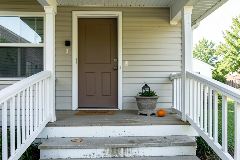 Homeowner removing clutter from a fall porch walkway