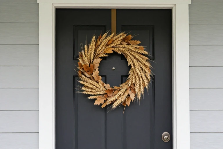 Proportionate fall wreath being hung on a dark door
