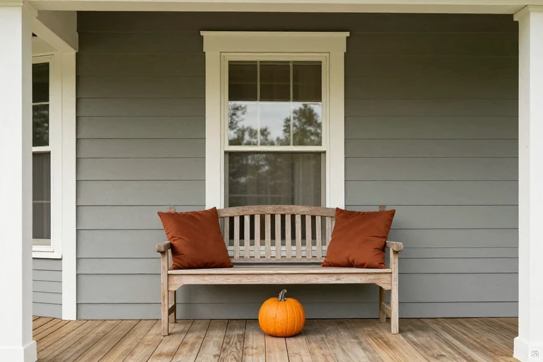 Functional porch bench styled with fall cushions and pumpkins
