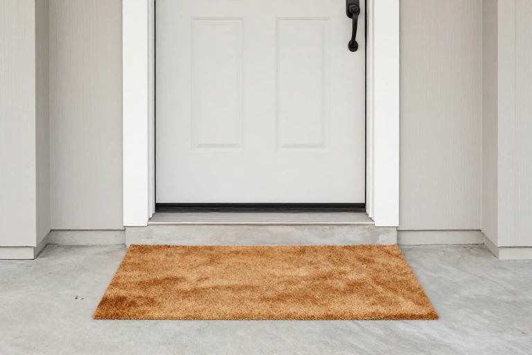 Layered outdoor rugs centered beneath a front door