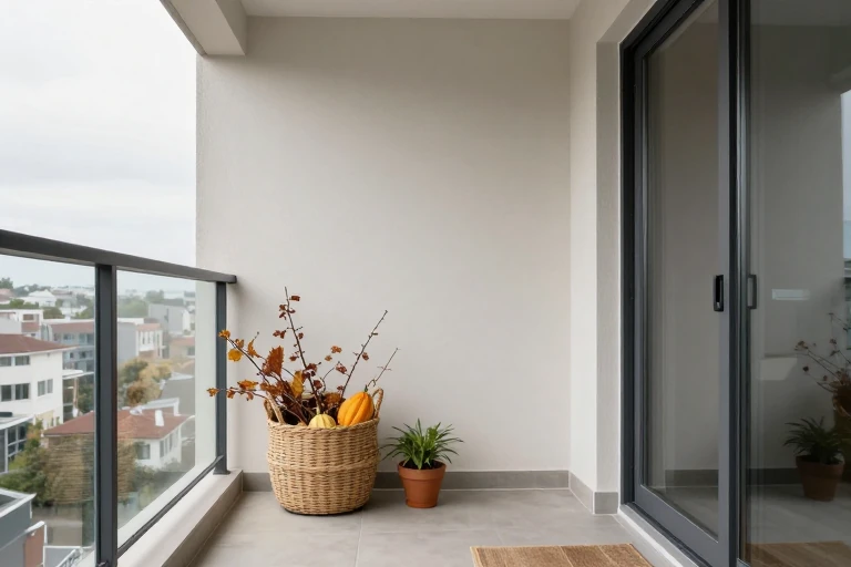 Compact harvest basket decorating a small outdoor entry