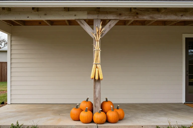 A secured cornstalk bundle adding height to a porch