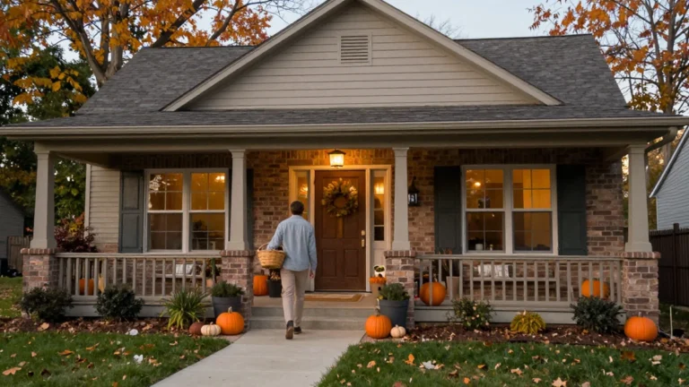 Home exterior with coordinated fall decor across the porch and walkway