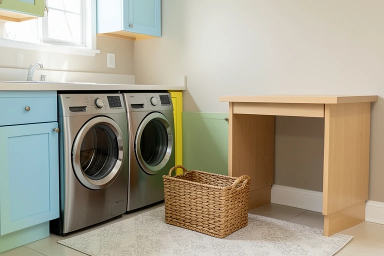 Colorful laundry area organized around an efficient workflow