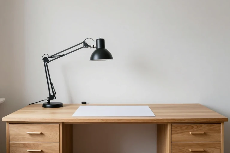 Creative desk organized around a clear working surface